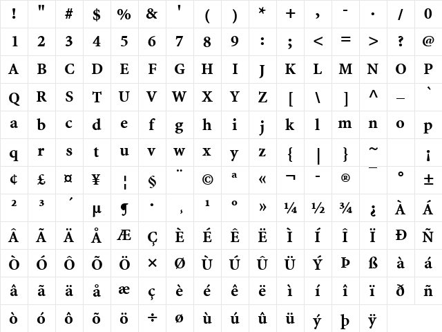 Minion Web Bold  glyph index