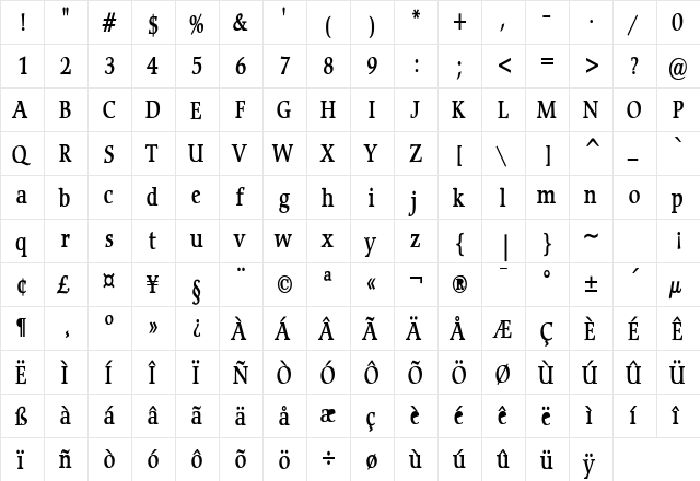 Carmine Condensed Bold  glyph index