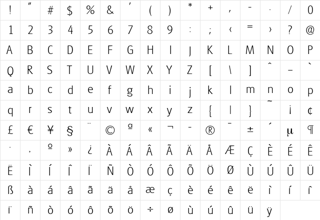 RichardBecker-ExtraLight Regular  glyph index