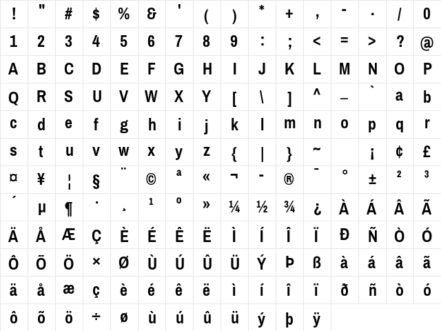 Archivo Narrow Bold  glyph index