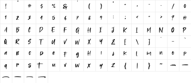 Rastazm Regular  glyph index