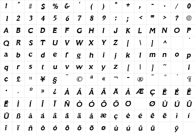 Veracruz Bold Italic  glyph index