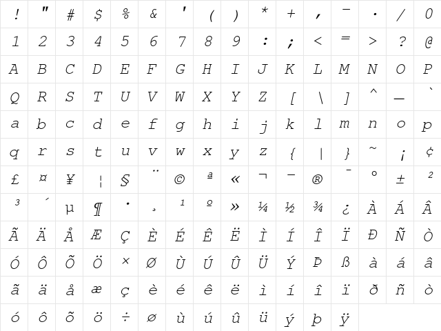 Nimbus Mono Italic  glyph index