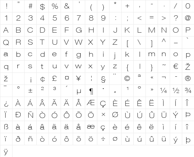 HelveticaNeue LT 33 ThinEx Regular  glyph index