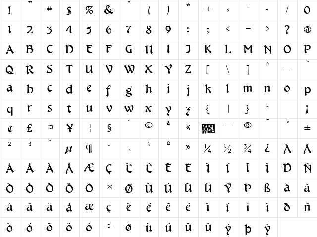 CheshireBroad Regular  glyph index