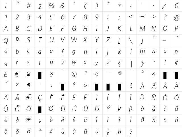 Whitney Medium Italic  glyph index