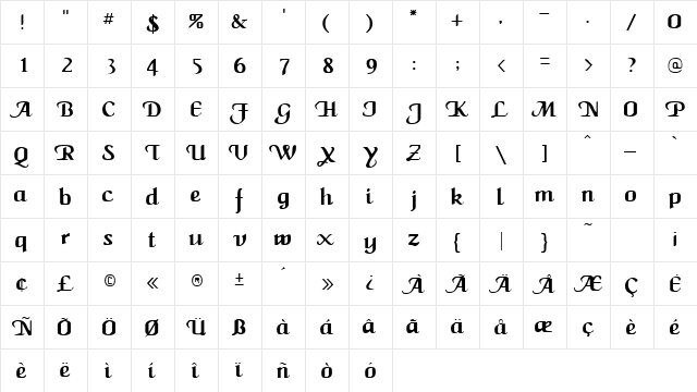 Wings Regular  glyph index