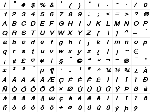 AlpsWide BoldItalic  glyph index