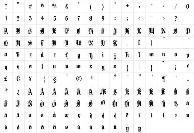 MiddleSaxonyText Regular  glyph index