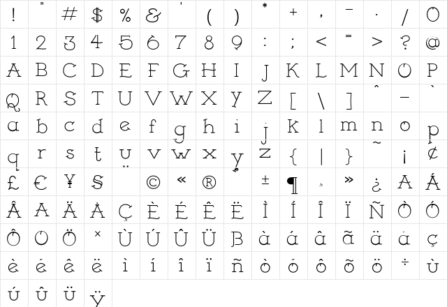 Sailor Gothic Regular  glyph index