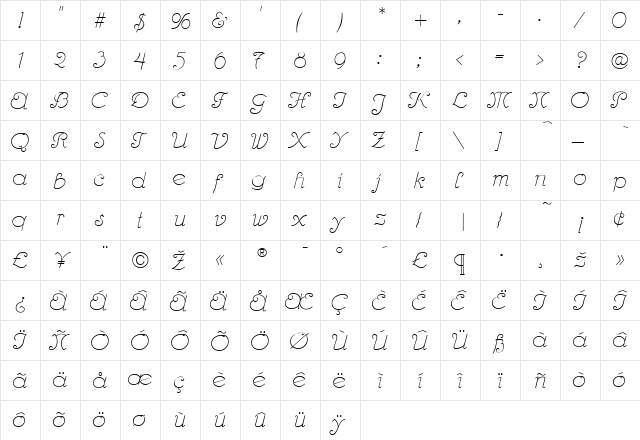 Hanover Regular  glyph index