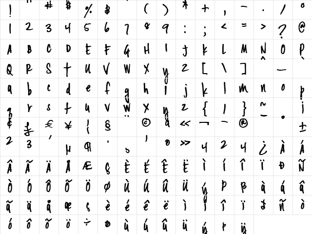 Cinahand Regular  glyph index