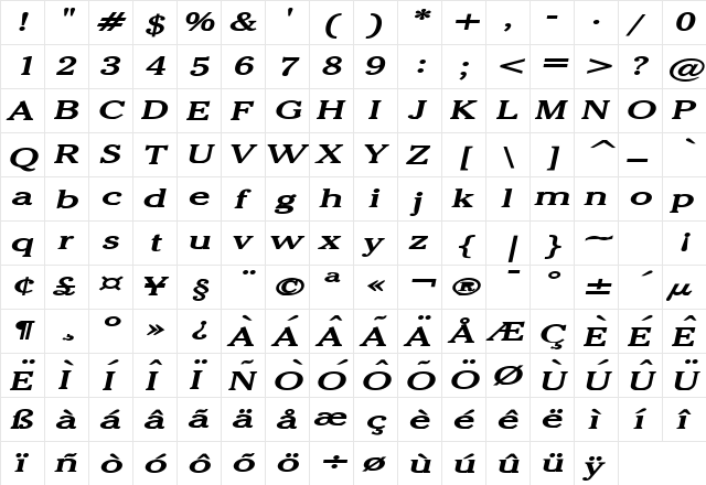 Chelsey Extended Bold Italic  glyph index