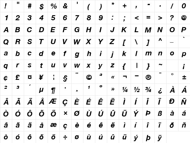 ContextRepriseSSK Bold Italic  glyph index