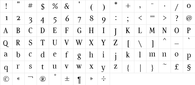Artemius SN Regular  glyph index