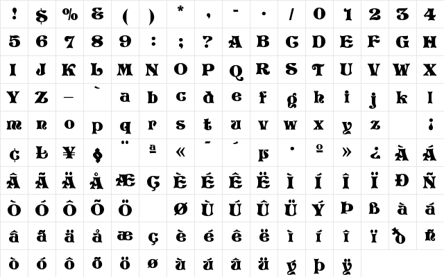 Vivian Regular  glyph index