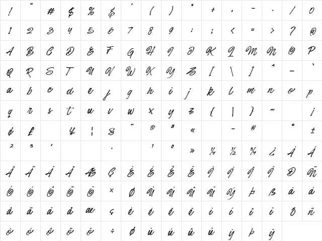 Hotte Brush Regular  glyph index