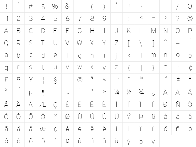 PF Highway Sans Pro Extra Thin  glyph index