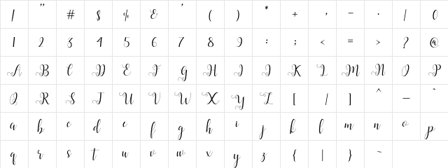 Alliana Script Regular  glyph index