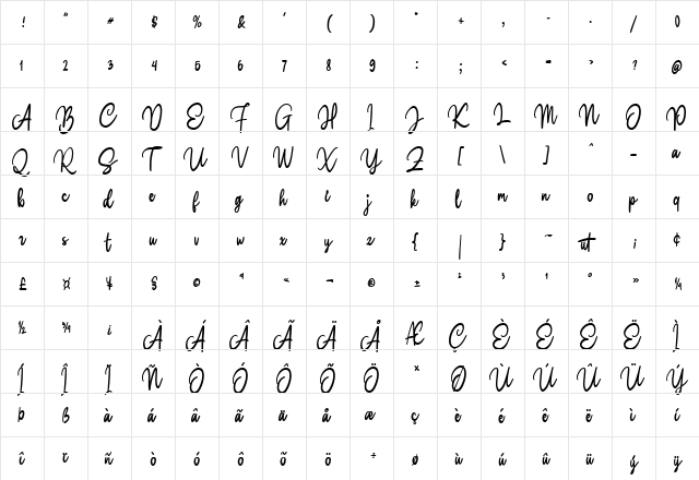Claston Script Regular  glyph index