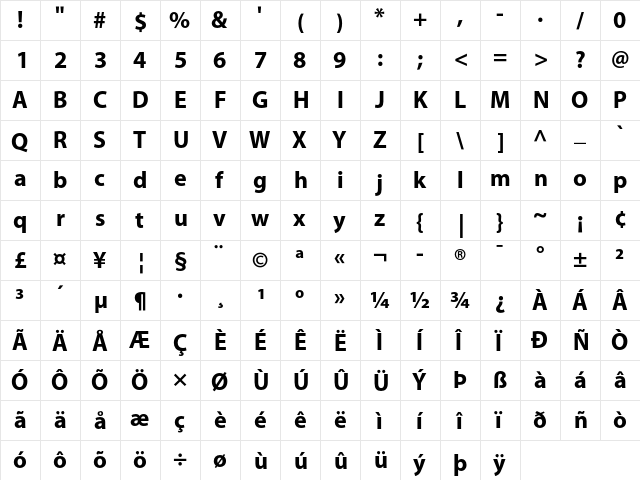 Myriad Bold  glyph index