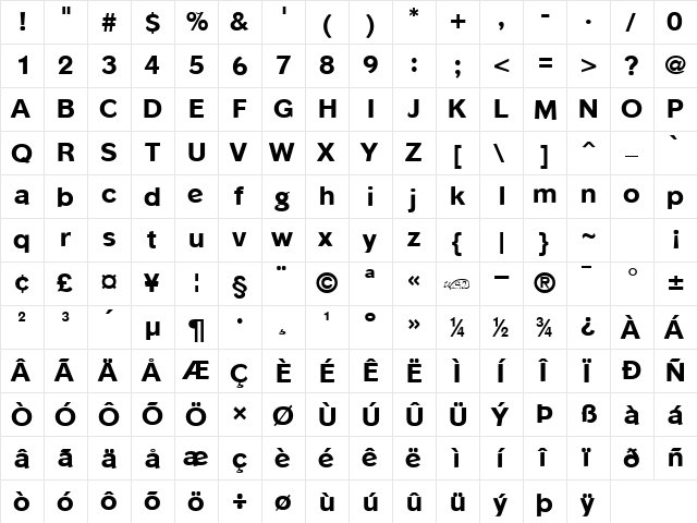 Phinster Extrabold Regular  glyph index