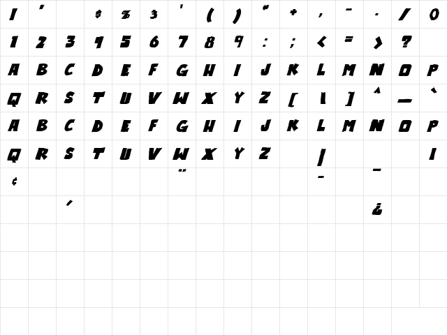 Outlander Bold Italic  glyph index