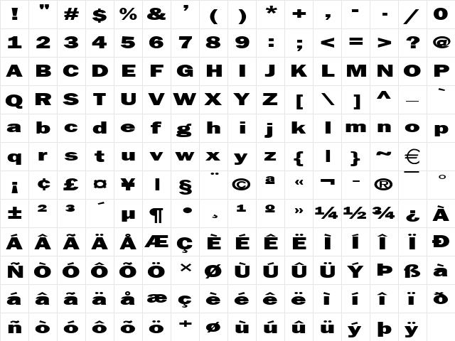 FrancisGothicExtended Normal  glyph index