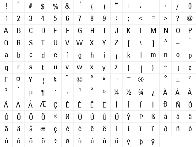 Univers57-Condensed Roman  glyph index