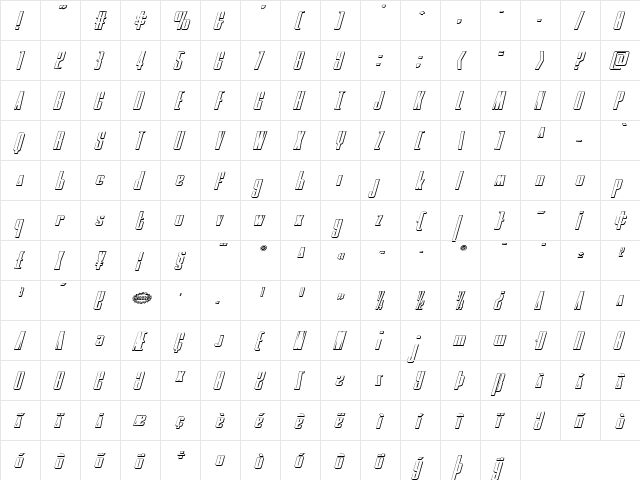 MOON Runner 3D Italic Italic  glyph index