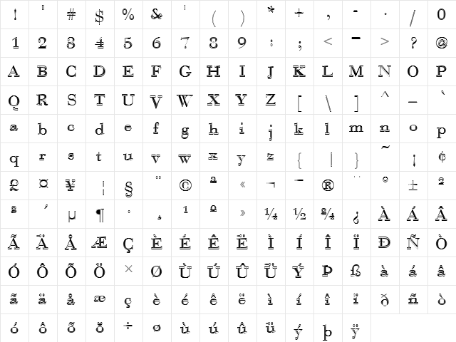 Bauer Bodoni D In1 Regular  glyph index