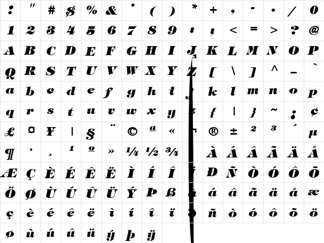 TimpaniHeavy Italic  glyph index