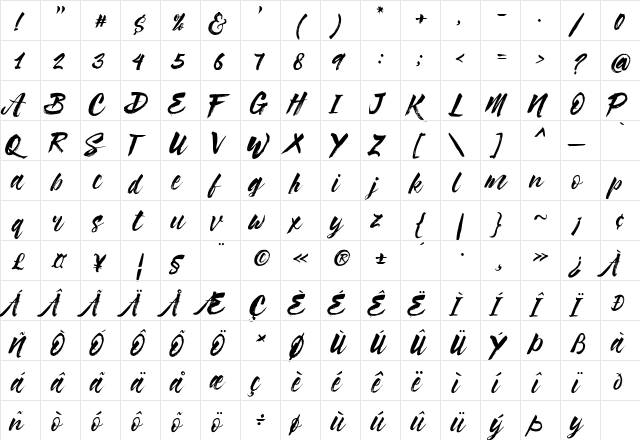 Syabab Brush Script Regular  glyph index