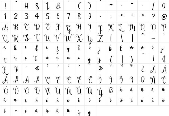 Berlin Script Regular  glyph index