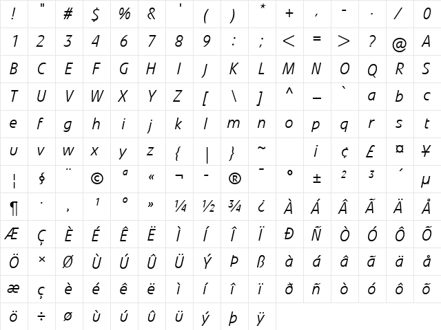 Veto Com Light Italic  glyph index