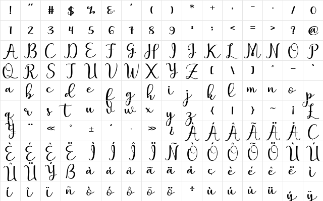 Marthina Regular  glyph index
