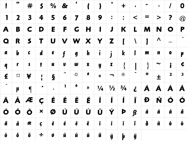 Arta AT Bold Italic  glyph index