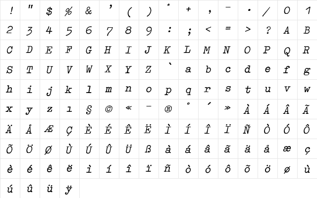 Typewriter Bold  glyph index
