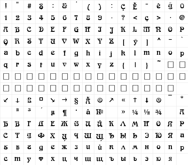 Arabskiy Chu CNP Regular  glyph index