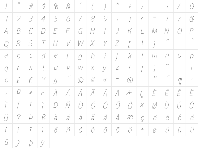 SylviaLight Italic Regular  glyph index