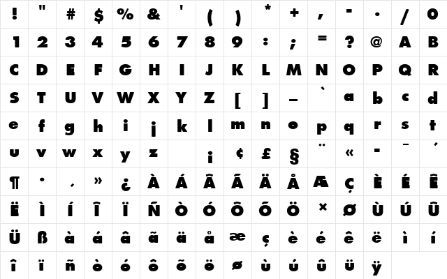 FuturaTExtBolRo1 Regular  glyph index