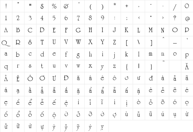.VnUniverse Normal  glyph index