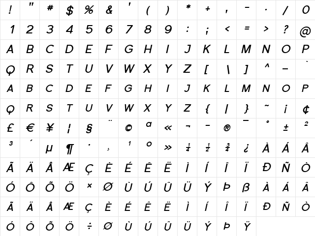 Florencesans SC Bold Italic  glyph index