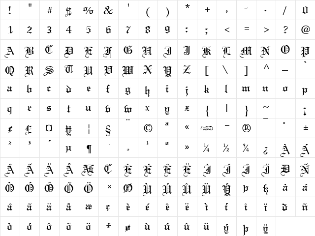 Linus Text Regular  glyph index