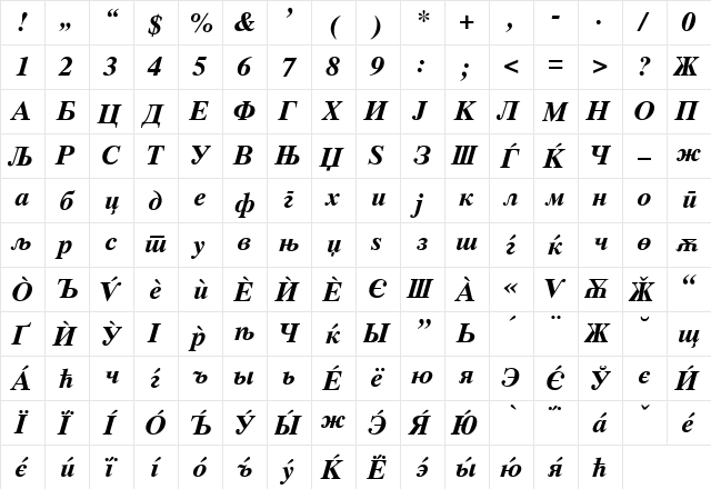 Pulstajms7 Bold Italic  glyph index
