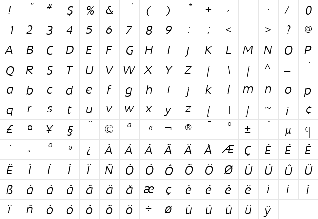 ExtensionLightItalic Roman  glyph index
