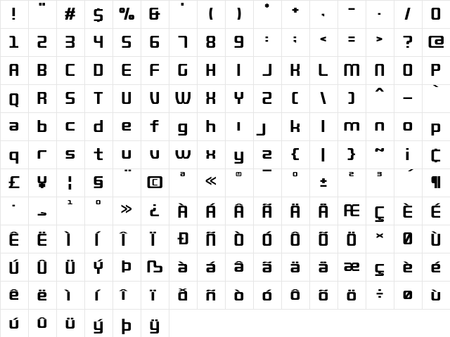 QUUB Bold  glyph index