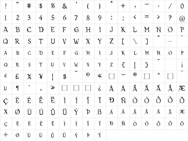 Vecna Regular  glyph index