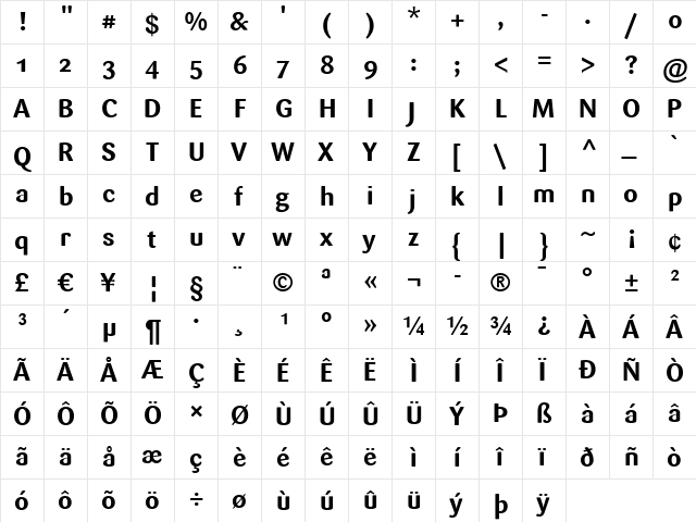 Sari Bold  glyph index