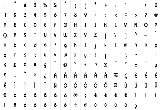 Bimini Condensed Bold  glyph index